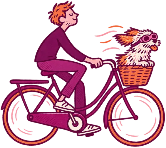 A cyclist with a dog in goggles riding in the basket
