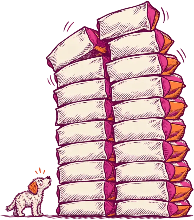 A tiny terrier looking up at a towering stack of kibble bags