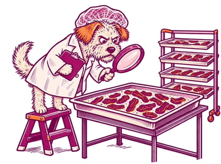 A terrier in a hairnet and lab coat inspecting a tray of food with a magnifying glass