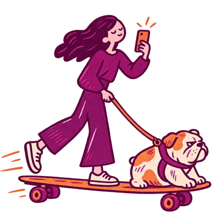 A woman on a skateboard with a bulldog riding along
