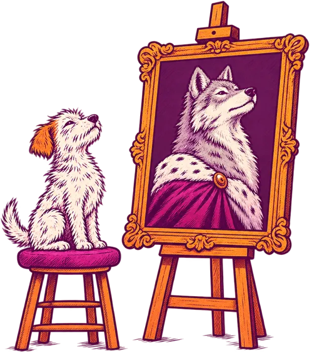A scruffy terrier copying the pose of a royal wolf portrait