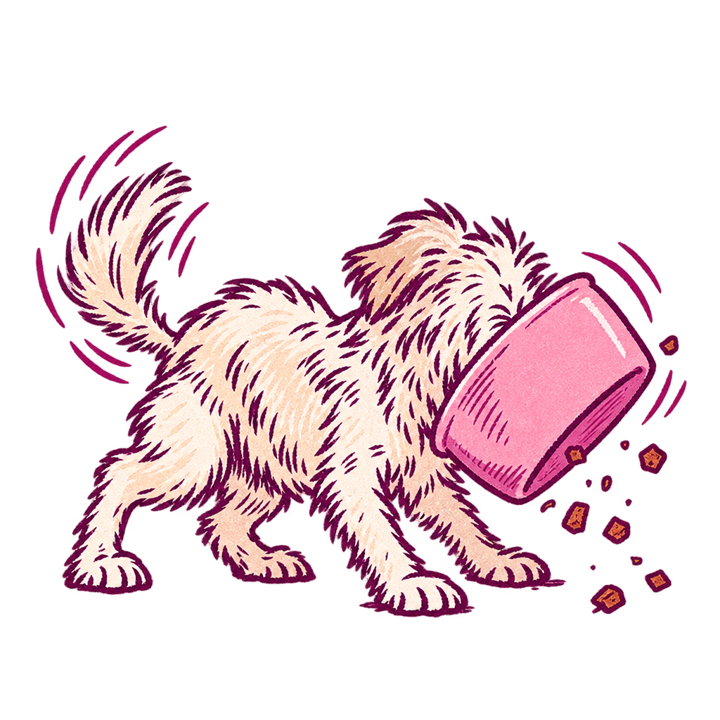 A fluffy dog with its head stuck in a pink food bowl, kibble flying