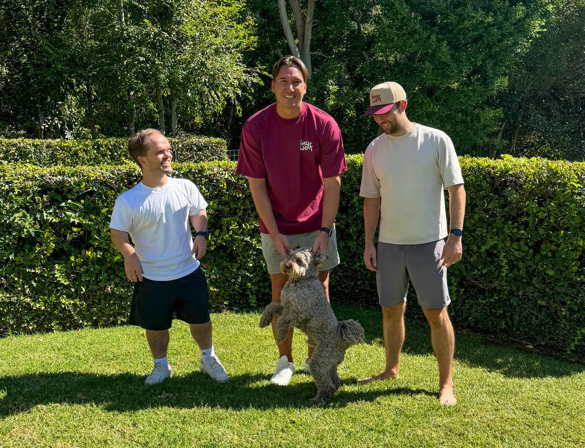 Giles, Matt and Guy with a dog in LA.