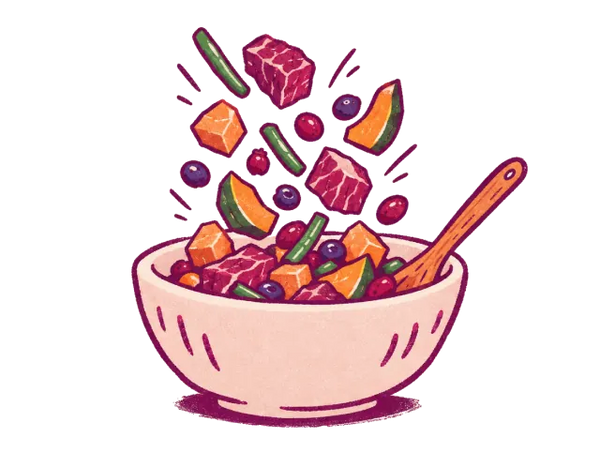 Beef and vegetables tumbling into a mixing bowl