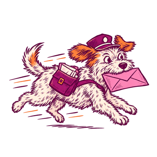 Dog in a postal cap running with a letter
