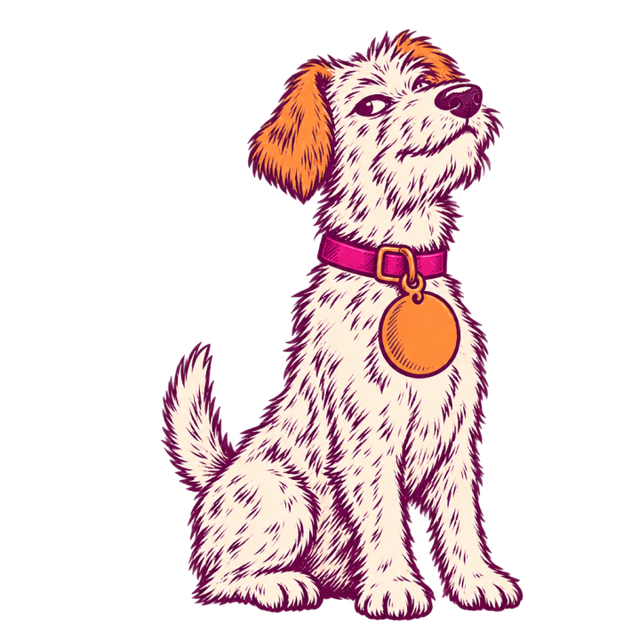 Scruffy dog sitting with a name tag on its collar