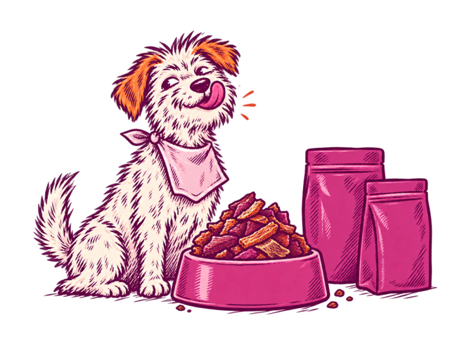 Happy dog in a bandana next to a bowl of TinyWolf and two bags