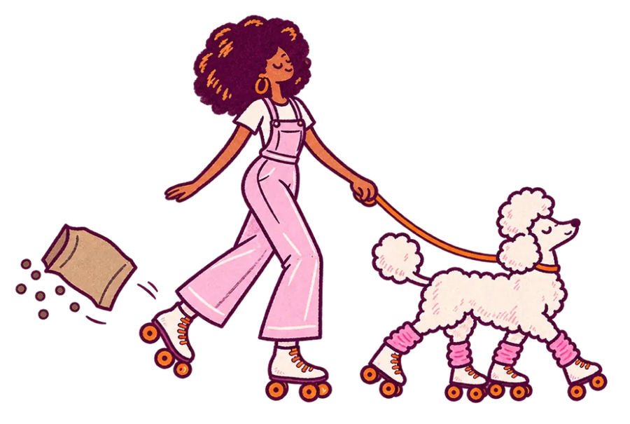 A woman on roller skates walking a poodle in skates, the poodle kicking a kibble bag away