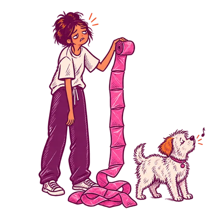 An owner holding a never-ending roll of poop bags while the dog whistles innocently