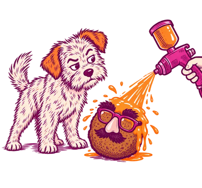 A piece of kibble in a fake moustache disguise being spray-coated, a terrier not fooled