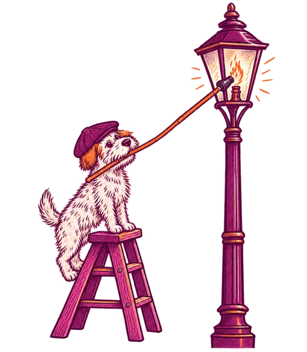 A terrier on a ladder lighting a gas lamp