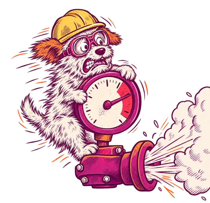 A terrier in a hard hat clinging to a pressure gauge in the red