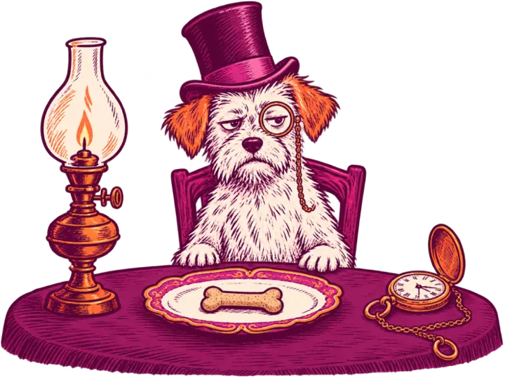 A scruffy terrier in a top hat and monocle staring at a single dog biscuit, an oil lamp and pocket watch beside him