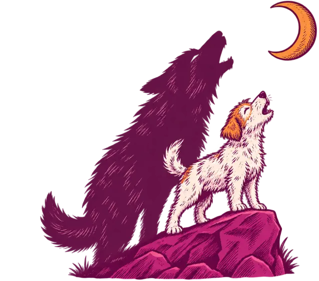 A small terrier howling at the moon, his shadow a big wolf