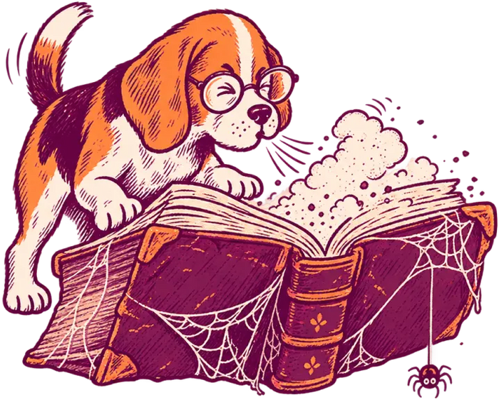 A beagle in reading glasses blowing dust off an old rulebook