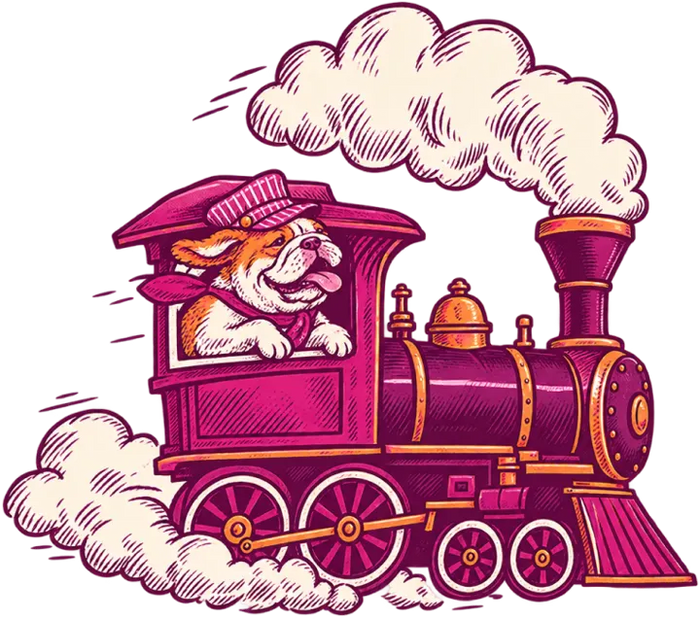 A bulldog driving a steam train