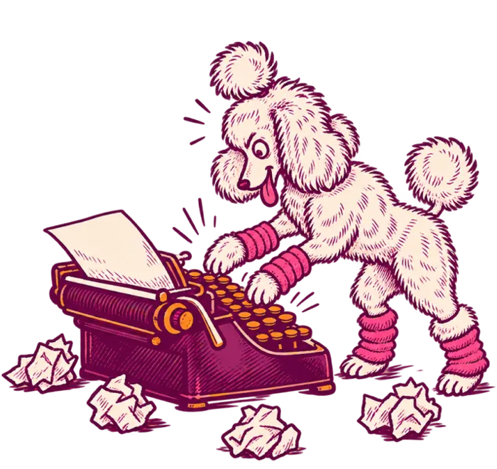 A poodle in leg warmers hammering a typewriter