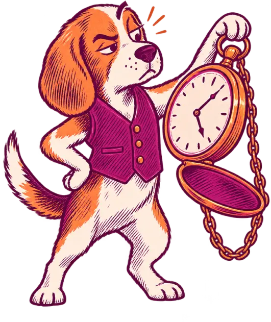 A beagle in a waistcoat checking a pocket watch